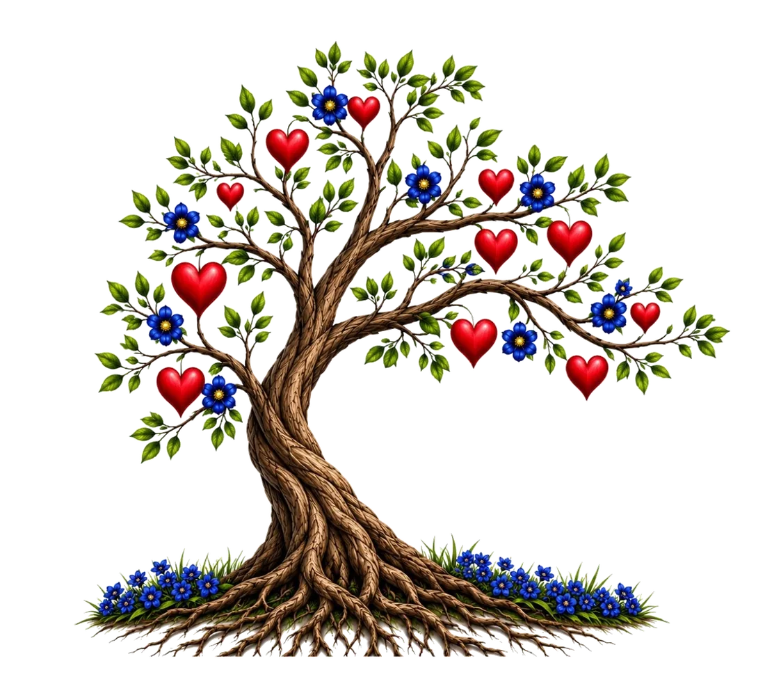 An illustrated tree whose branches are full of hearts and flowers.